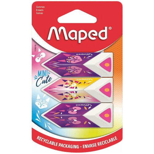 Ластик Maped Mini Cute треугольной формы, белый с цветной серединой, 3 штуки