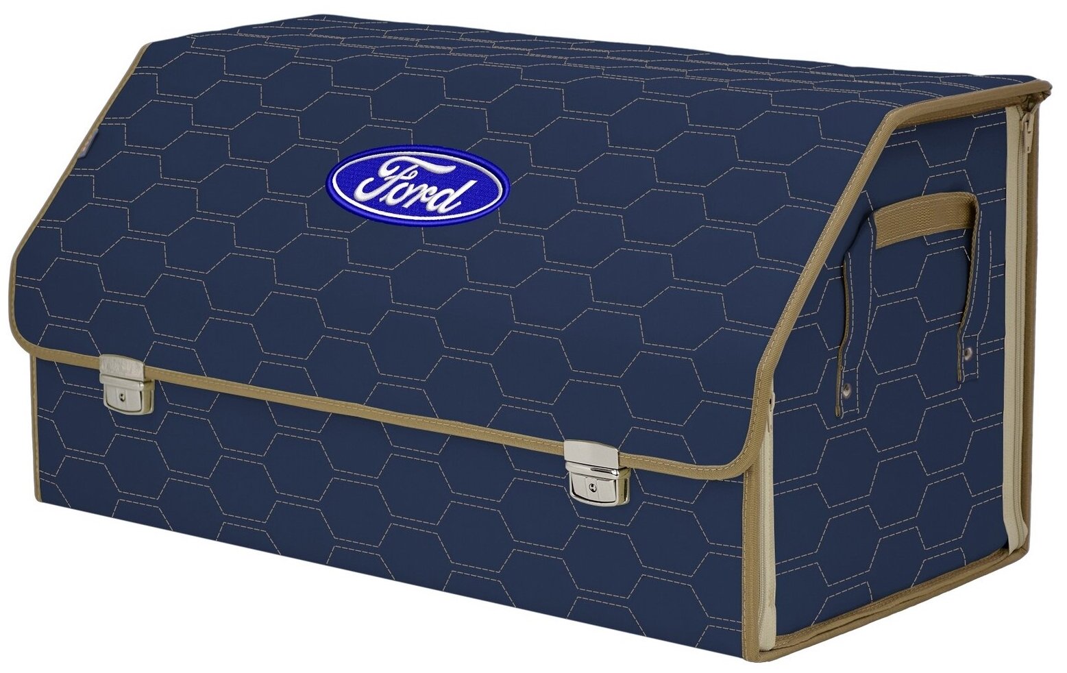 Органайзер-саквояж в багажник "Союз Премиум" (размер XL Plus). Цвет: синий с бежевой прострочкой Соты и вышивкой Ford (Форд).