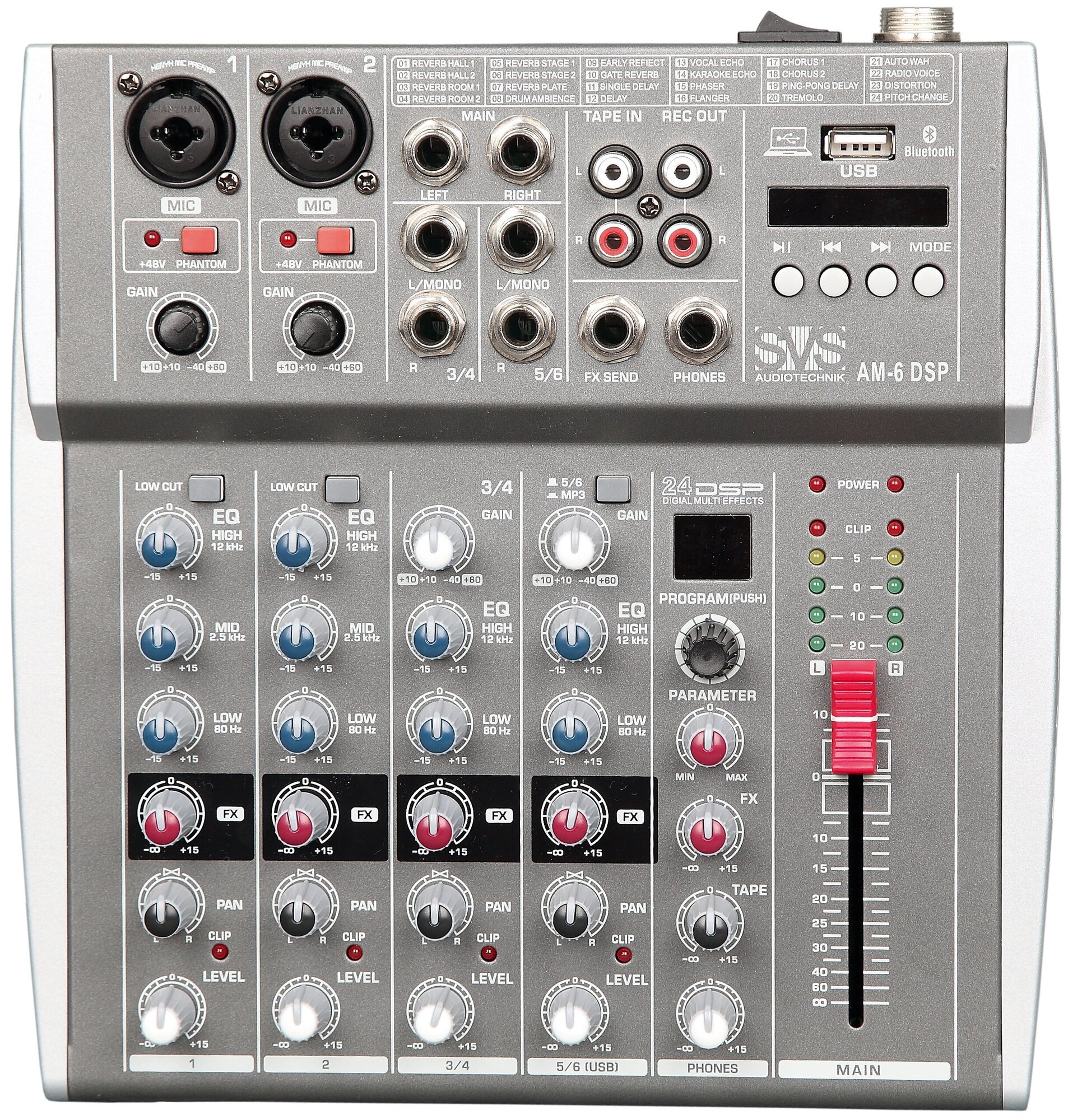 SVS Audiotechnik AM-6 DSP Микшерный пульт аналоговый, 6-канальный, 24 DSP эффекта, USB интерфейс