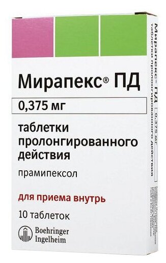 Мирапекс ПД таб. с пролонг. высвоб., 0.375 мг, 10 шт.