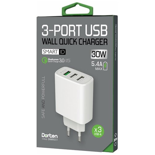 фото Сетевое зарядное устройство dorten 3-port usb smart id 30w wall quick charger: qc3.0+2.4a иafc (samsung), fcp (huawei)