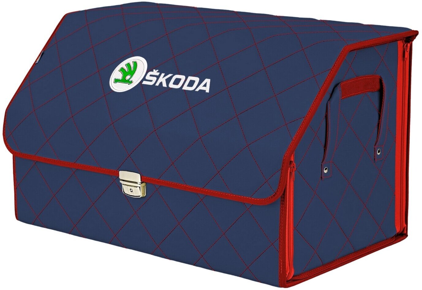 Органайзер-саквояж в багажник "Союз Премиум" (размер XL). Цвет: синий с красной прострочкой Ромб и вышивкой Skoda (Шкода).
