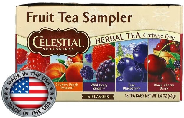 Celestial Seasonings, Fruit Tea Sampler, травяной чай, без кофеина, 5 вкусов, 18 чайных пакетиков, весом 40 г каждый