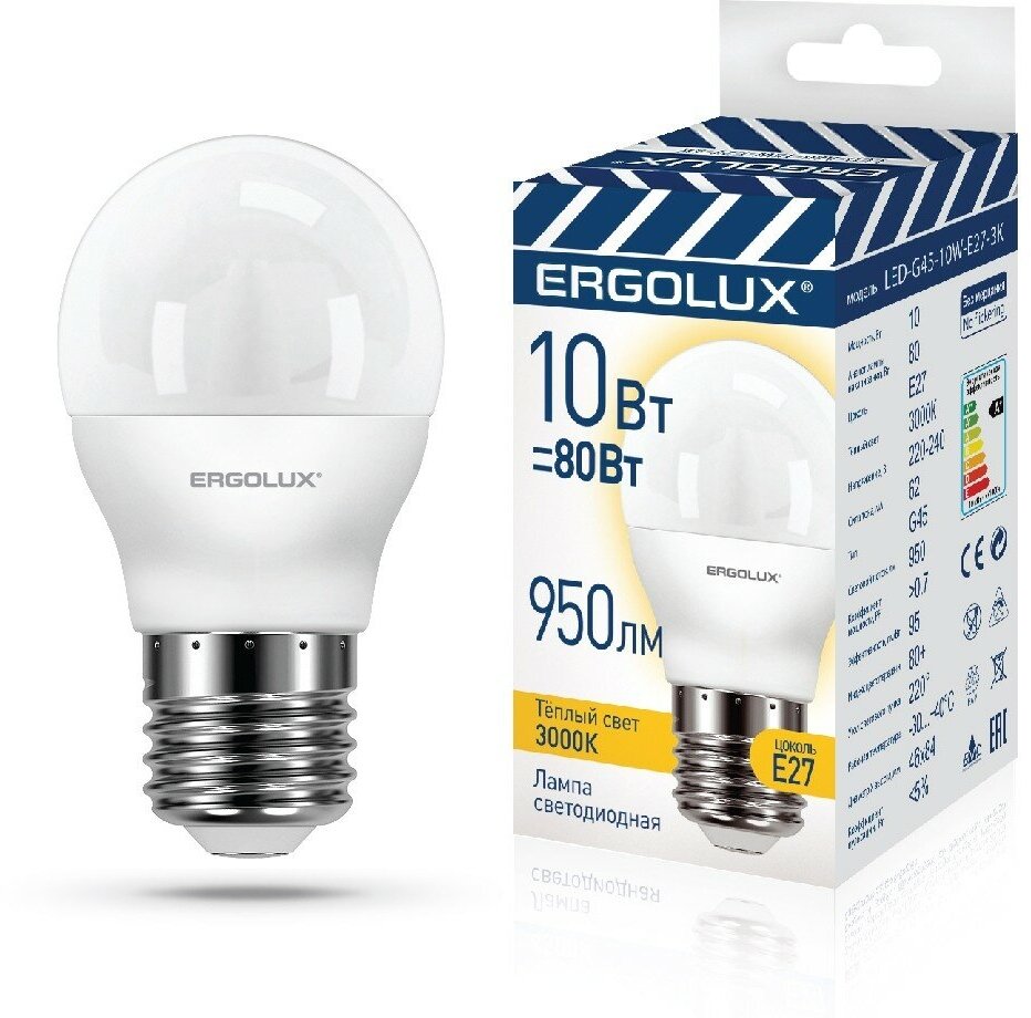 Лампочка Ergolux LED-G45-10W-E27-3K, Теплый белый свет, E27, 10 Вт, Светодиодная, 1 шт. - фотография № 9