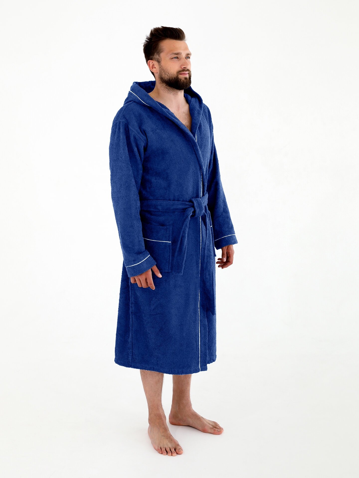 Халат махровый Everliness мужской капюшон+кант, цвет синий, размер 50 - фотография № 3