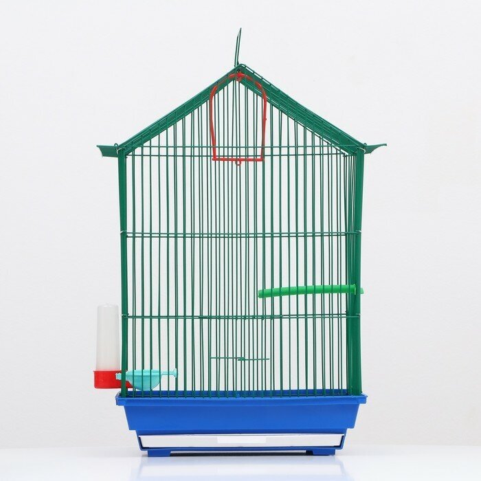 Клетка для птиц большая, крыша-домик (с наполнением), 35 х 28 х 55 см, синий - фотография № 11