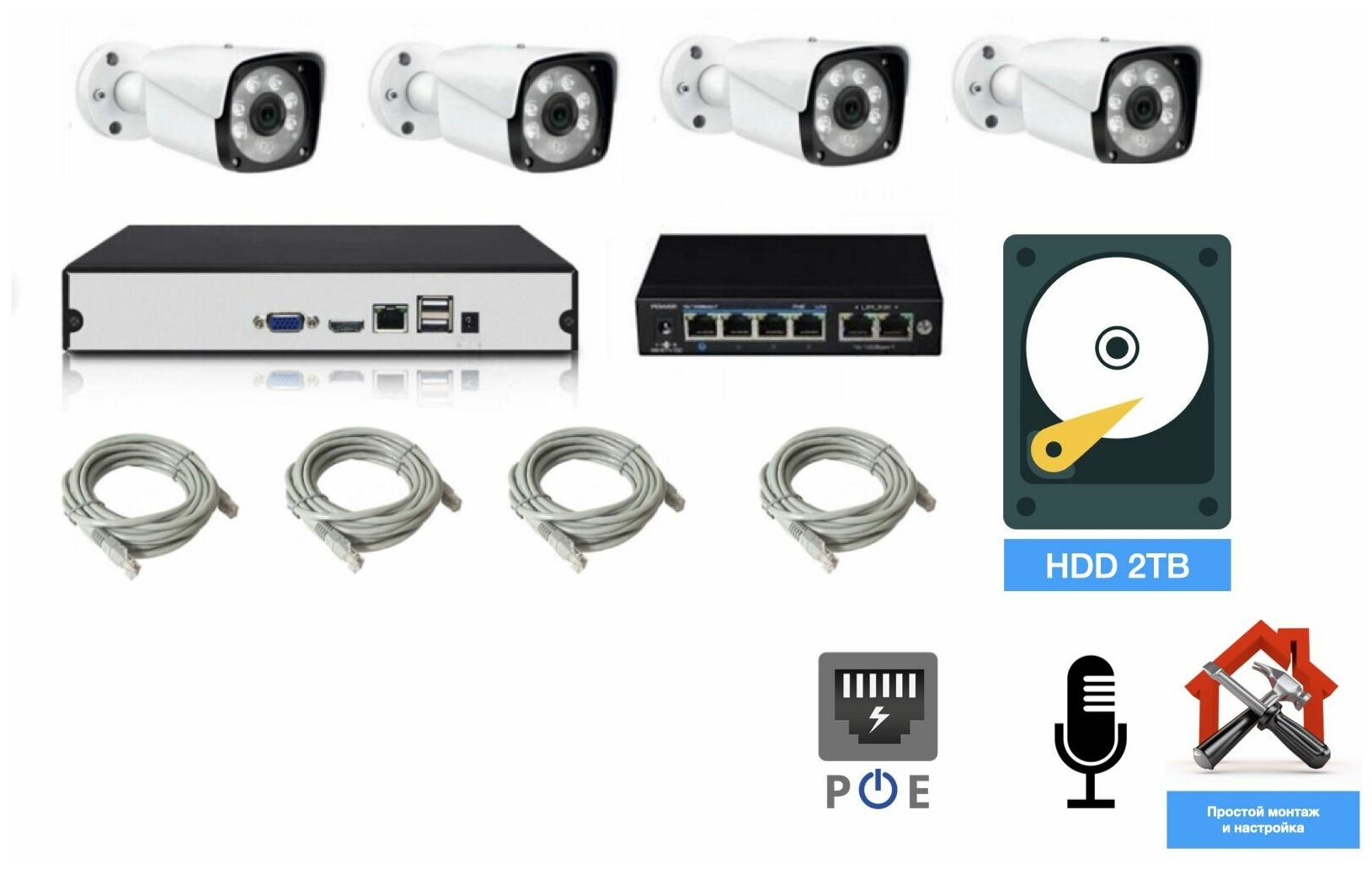 Полный IP POE комплект видеонаблюдения на 4 камеры (KIT4IPPOE20MB3_HDD2TB)