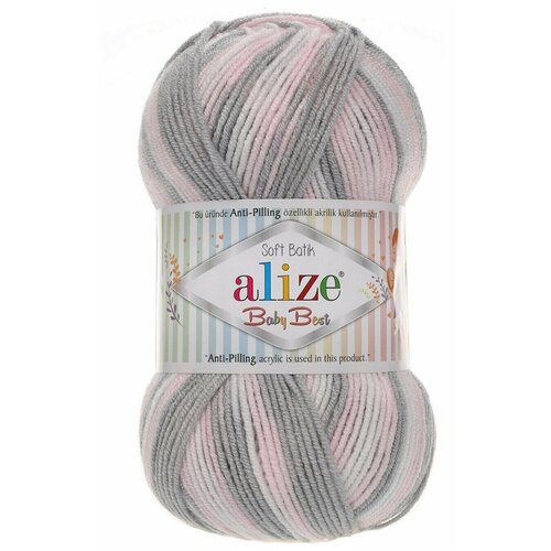 Пряжа Alize Baby best batik (Беби бест батик) 6664 белый-розовый-серый 10% бамбук, 90% акрил 100г 240 м 1шт