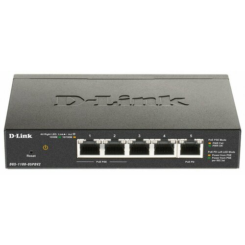 Коммутатор D-Link DGS-1100-05PDV2 5x1Гбитс 2PoE 18W настраиваемый 6380₽