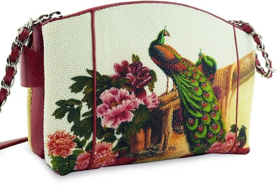 Женская сумочка - клатч Exotic Leather из натуральной кожи ската Павлин и Цветы 