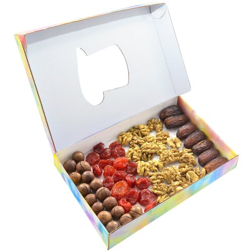 Подарочный набор с грецкими орехами, макадамия, финиками и кизилом, оригинальный подарок, Тимофеев ко, 400 гр.