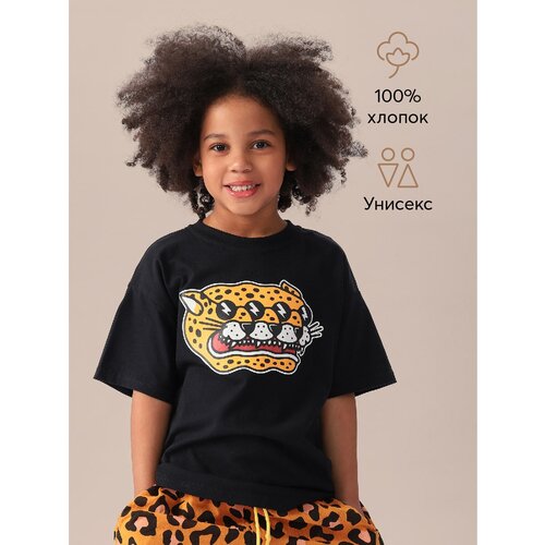 Футболка Happy Baby, размер 122-128, черный, оранжевый новые детские футболки для девочек футболка с единорогом детская одежда топы для девочек футболка одежда единорога