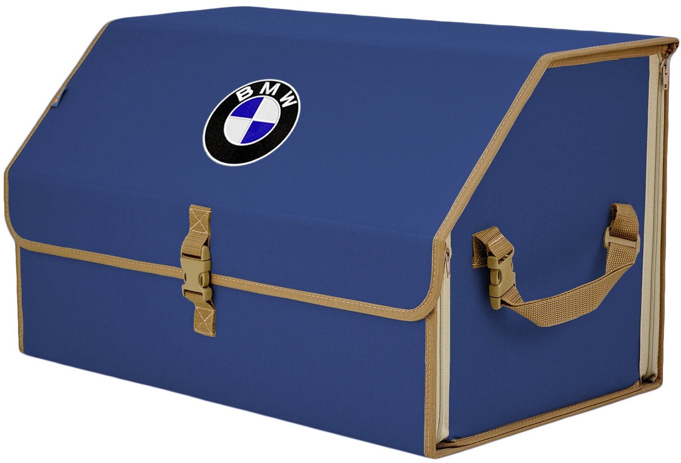 Органайзер-саквояж в багажник "Союз" (размер XL). Цвет: синий с бежевой окантовкой и вышивкой BMW (БМВ).