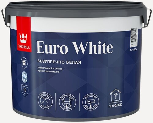 Изображение товара Краска TIKKURILA EURO WHITE для потолка, глубокоматовая, белая 9л