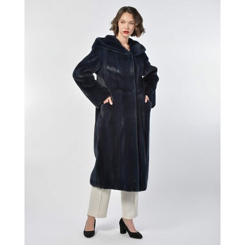 Пальто Manakas Frankfurt, норка, силуэт свободный, капюшон, пояс/ремень, размер 38, синий