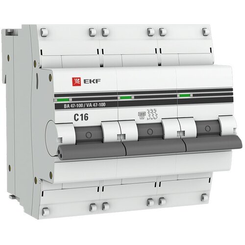 Выключатель автоматический 16А 3П трехполюсный характеристика C 10kA тип AC ВА47-100 PROxima mcb47100-3-16C-pro EKF