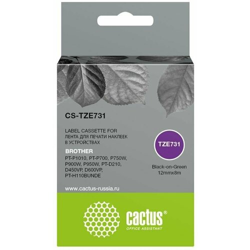 cactus cs tzefx231 картридж ленточный brother tze fx231 черный на белом 12 мм 8 м Cactus CS-TZE731 картридж ленточный (Brother TZE-731) черный на зеленом 12 мм 8 м (совместимый)