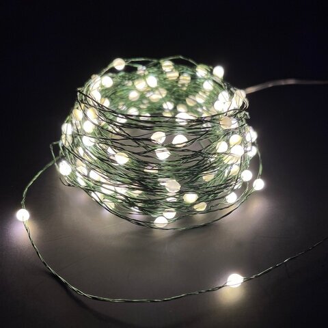 Гирлянда роса, электрическая нить светодиодная 100 теплых белых мини-LED огней на зеленом проводе 10м