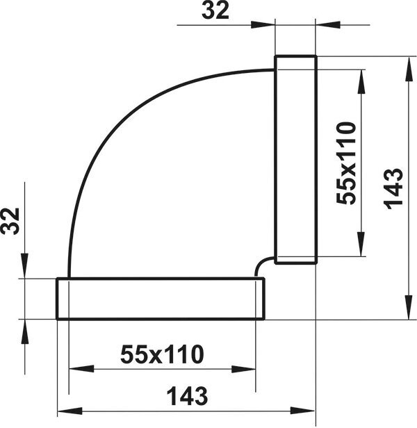Колено горизонтальное пластиковое для плоских воздуховодов 55х110 мм 90°