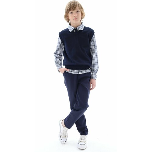 Школьные брюки дудочки matematika, классический стиль, карманы, пояс на резинке, размер 152, синий