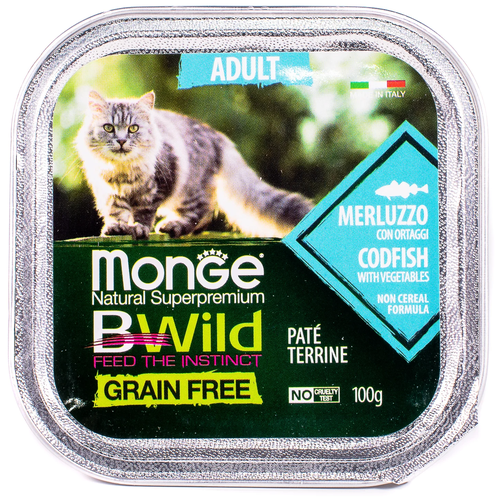 Влажный корм для кошек Monge BWILD Feed the Instinct, беззерновой, с треской, с овощами 16 шт. х 100 г (паштет)