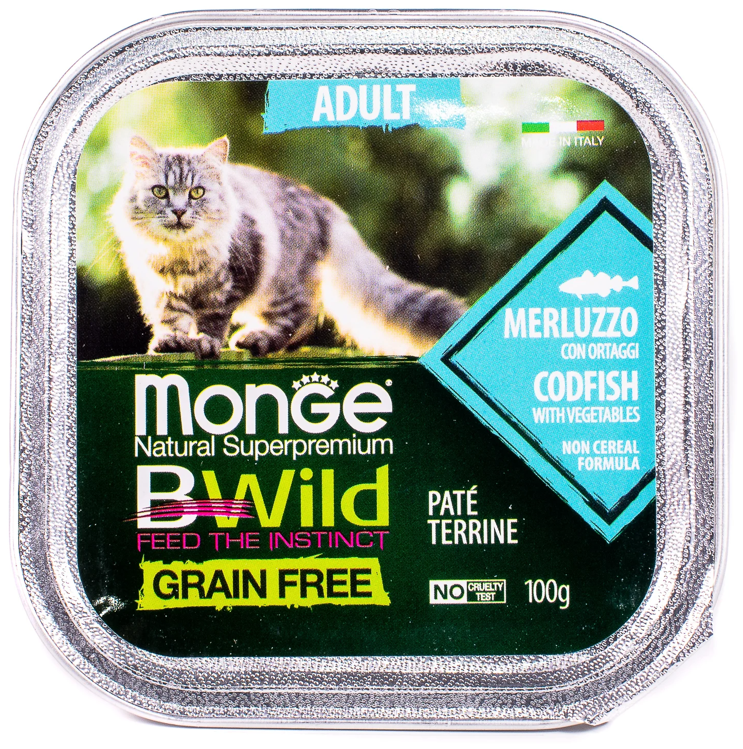 Monge Cat BWild GRAIN FREE беззерновые консервы из трески с овощами для взрослых кошек 100г - фотография № 1