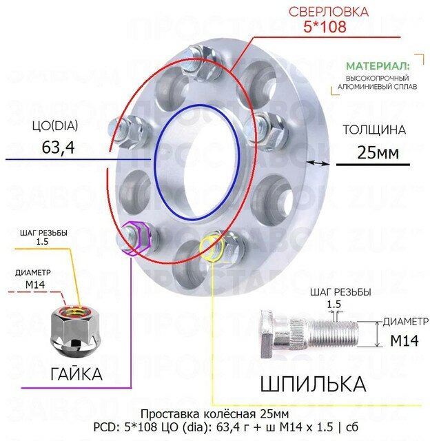 Проставка колёсная 1 шт 25мм 5*108 ЦО 63,4 Крепёж в комплекте Гайка + Шпилька М14*1,5 ступичная с бортиком для дисков 1 шт на ступицу 5x108 5х108