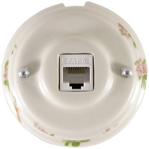 Розетка компьютерная RJ 45 (cat.6), цвет fiori rosa (розовые цветы), серебристая фурнитура, арт. РК6РС