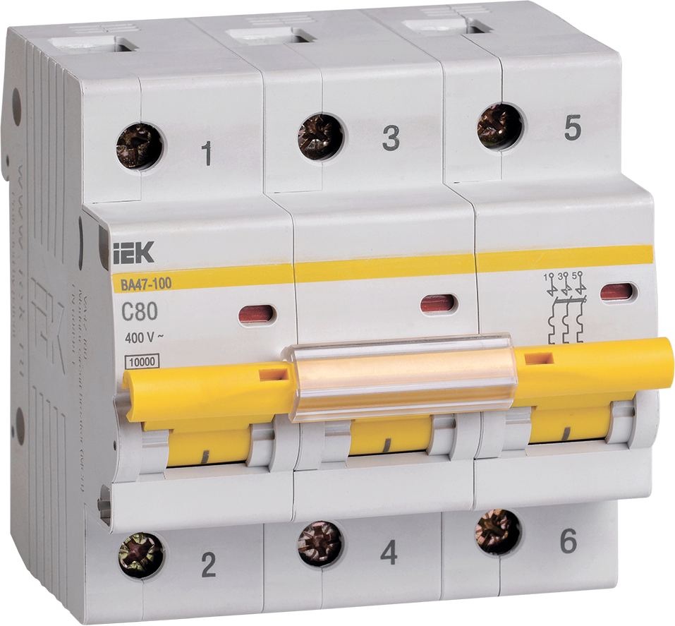 Автоматический выключатель IEK ВА 47-100 3P 80А (C) 10кА, MVA40-3-080-C
