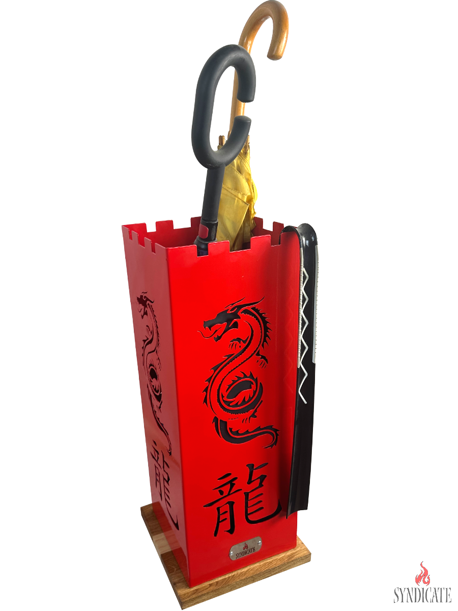 Подставка для зонтов Syndicate: "Китайский Дракон". Из стали. Основание - Натуральный Дуб. 24х24х56см. Красный. - фотография № 3