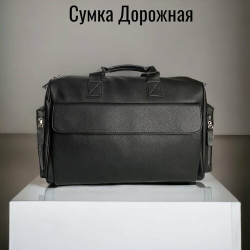 фото Сумка спортивная дорожнаяэкокожачернаябольшойкарман, 23 л, 17х30х44 см, ручная кладь, черный дом чемоданов