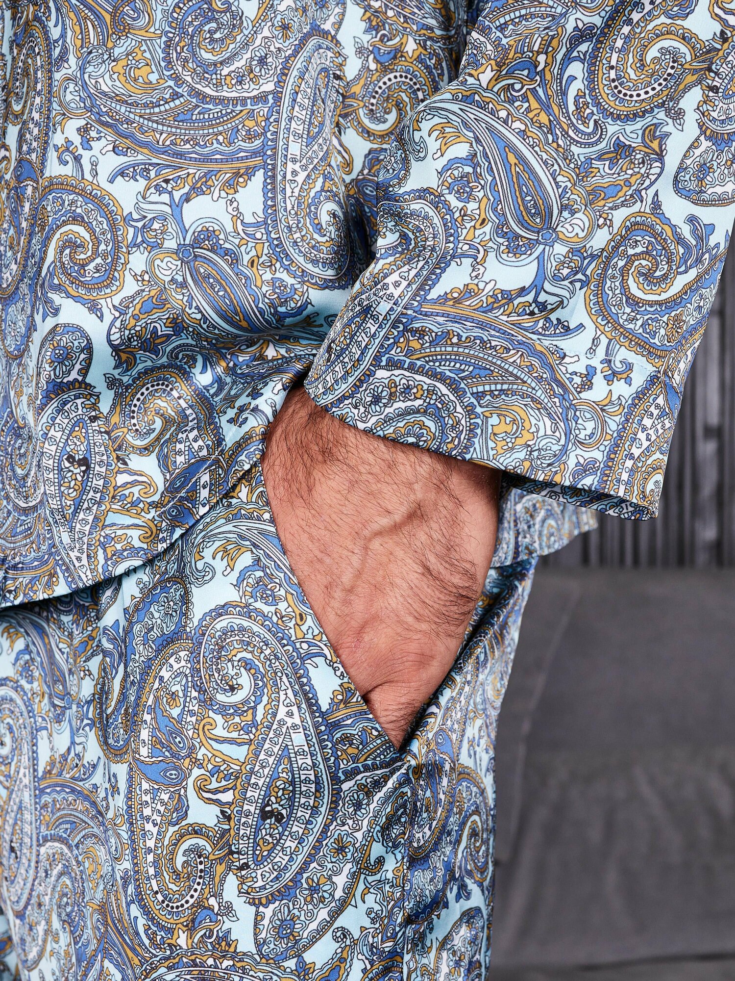 Пижама мужская с брюками и рубашкой "Голубая с узором Бута" - фотография № 4