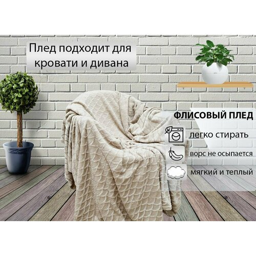 Плед Union Home мягкий пушистый, велсофт /Покрывало на кровать и диван 150*200/Подарок мужчине, женщине/светло-бежевый
