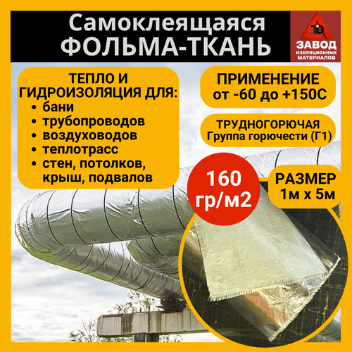Утеплитель самоклеящийся фольма ткань 1x5м. Теплоизоляция - стеклоткань покрытая алюминиевой фольгой. Защита экран для печи, трубы, вентиляции