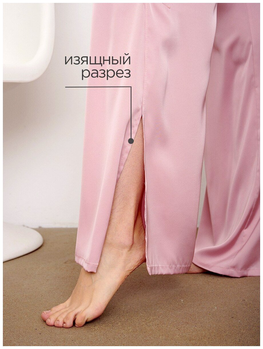 Пижама женская шелковая с брюками и топом больших размеров розовая - фотография № 8
