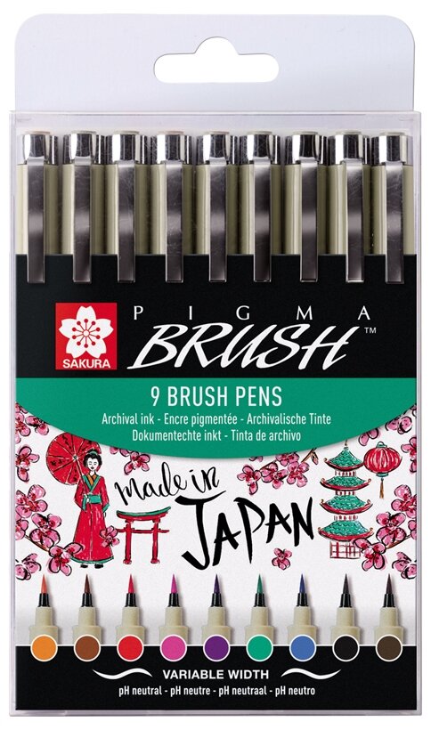 SAKURA Набор капиллярных ручек Pigma Brush (POXSDKBR9), 9 шт.