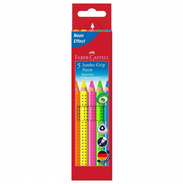 Карандаши цветные Faber-Castell "Jumbo Grip Neon", 05цв., неон, трехгр., утолщ., заточ., картон, европодвес