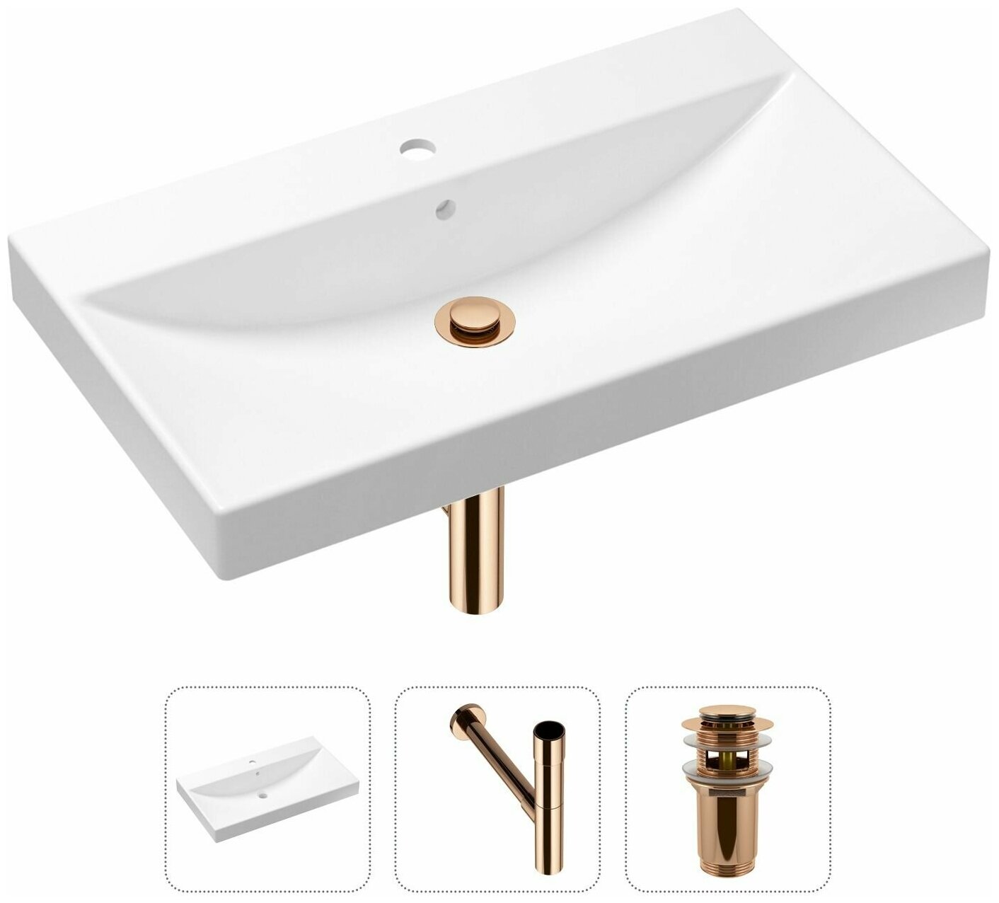 Комплект 3 в 1 Lavinia Boho Bathroom Sink 21520626: врезная фарфоровая раковина 80 см, металлический сифон, донный клапан