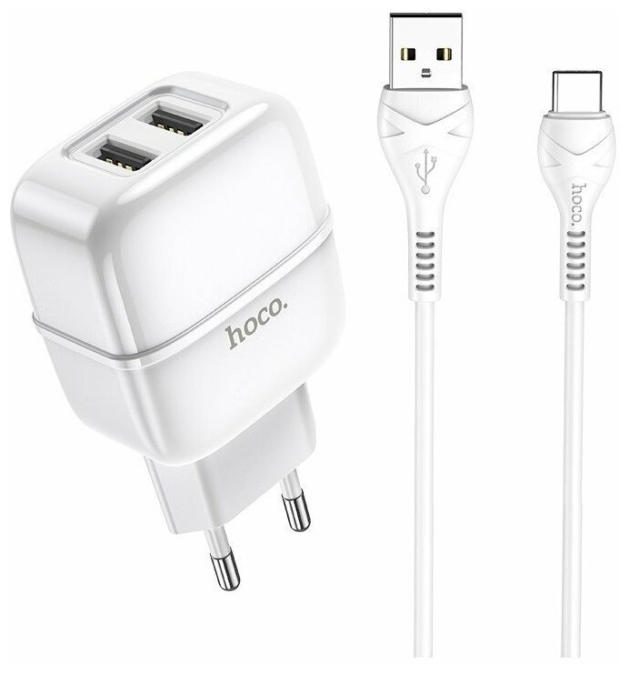 Сетевое зарядное устройство (СЗУ) Hoco C77A (2 USB) + кабель Type-C, 2.4 А, белый