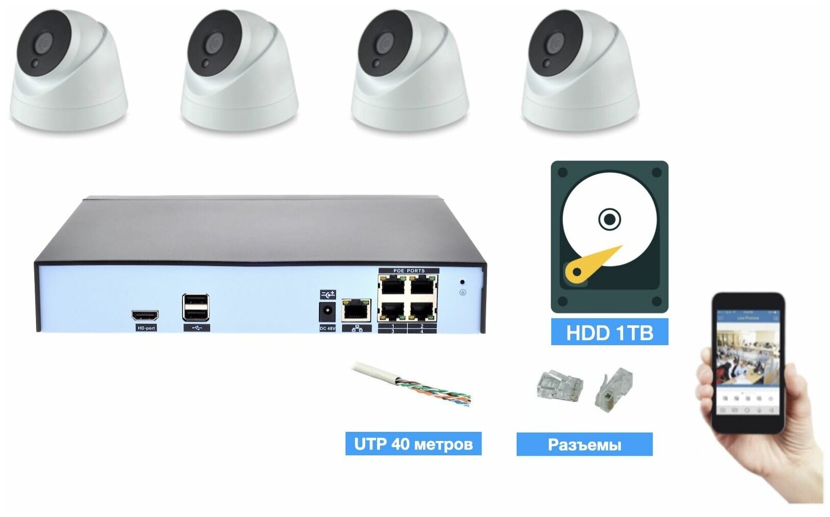 Полный IP POE комплект видеонаблюдения на 4 камеры (KIT4IPPOEIP10PD3MP_HDD1TB_UTP-2)