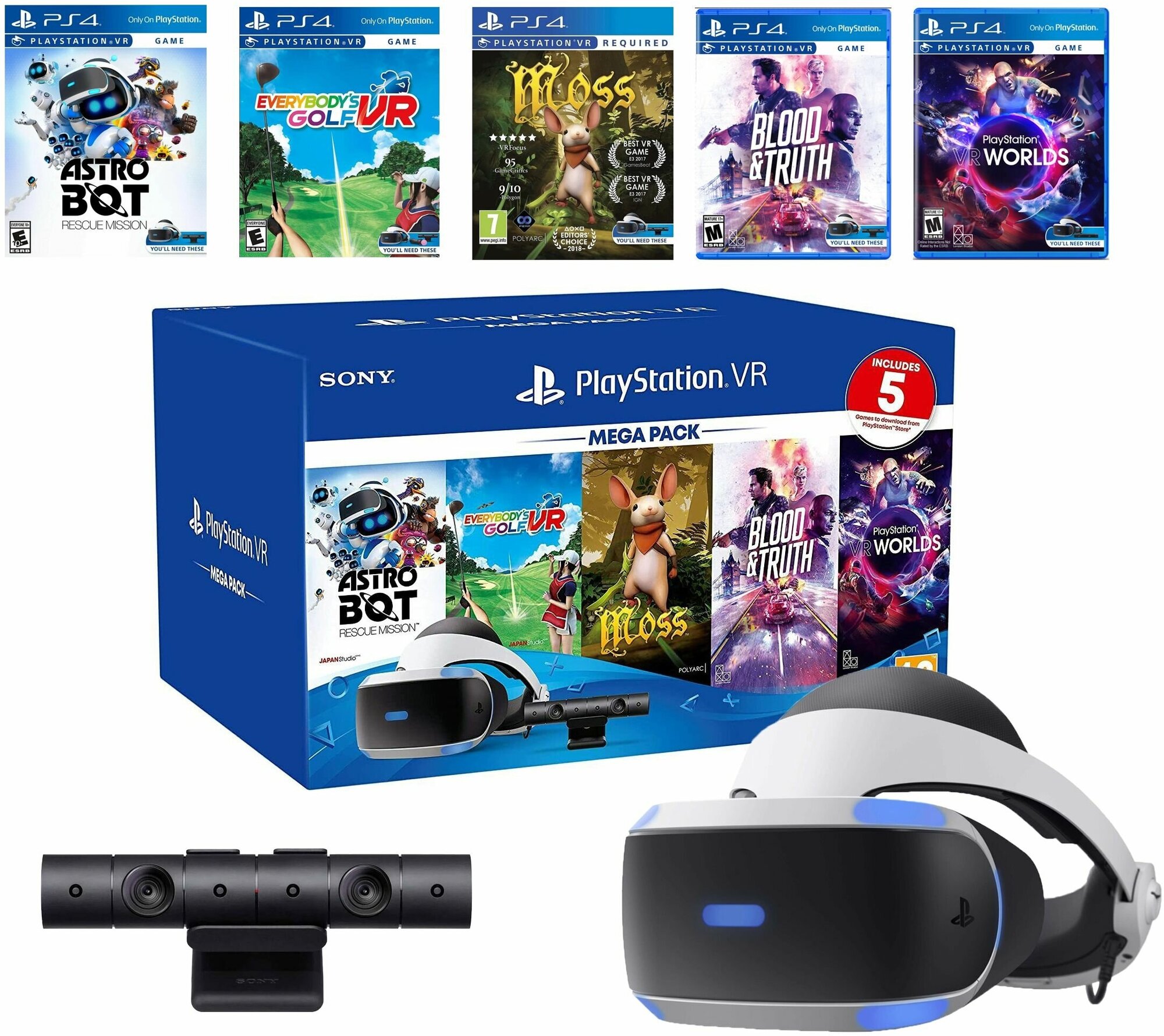 Аксессуар: PS4 Шлем виртуальной реальности PlayStation VR Mega Pack2 + камера + 5 игр (CUH-ZVR2) — фото 1