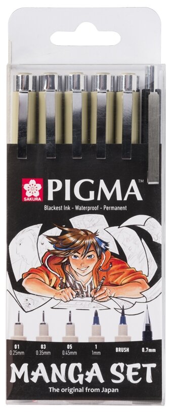 Набор Sakura "PIGMA MICRON MANGA" 6 шт (ручки 0.1мм 0.3мм 0.5мм кисть Pigma Graphic мех карандаш 0,7 - фото №1