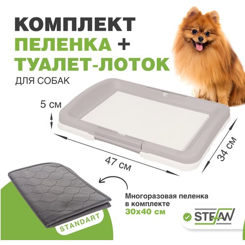 Комплект: Туалет для собак под одноразовую пеленку (S), 47х34, серый + Пелёнка многоразовая, серая STANDART 30х40 см, STEFAN (Штефан), BP1021BS