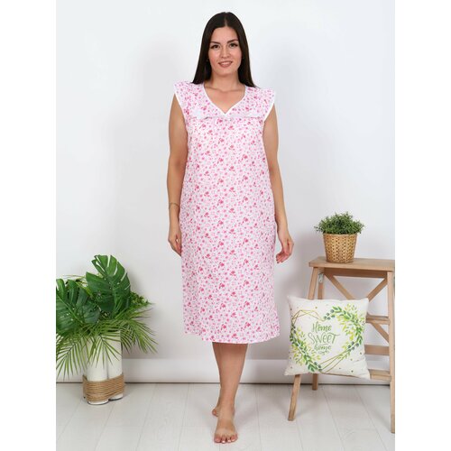 фото Сорочка удлиненная, короткий рукав, размер 56-58, розовый, белый нет бренда