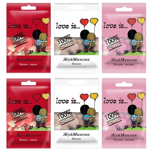 фото Набор жевательного мармелада love is холодок-малина + вишня-лимон + жвачка (6 шт. по 25 гр.)