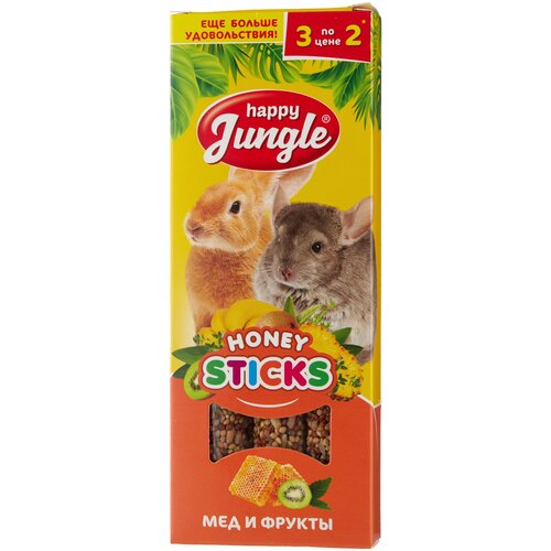 Лакомство для кроликов Happy Jungle Honey sticks Мед и фрукты, 90 г, 3 шт. в уп. корм для грызунов happy jungle для морских свинок 400г