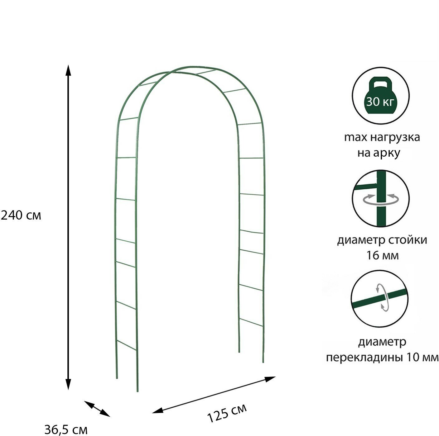 Арка садовая, разборная, 240 × 125 × 36.5 см, металл, зелёная, Greengo