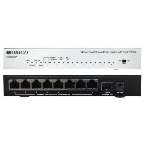 ORIGO OS1209P A1A Неуправляемый PoE-коммутатор 8x100Base-TX PoE+, 1x1000Base-X SFP, PoE-бюджет 80 Вт, корпус металл