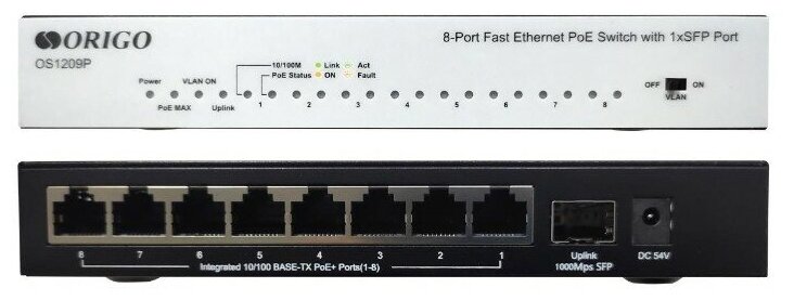 ORIGO Сетевое оборудование OS1209P A1A Неуправляемый PoE-коммутатор 8x100Base-TX PoE+ 1x1000Base-X SFP PoE-бюджет 80 Вт корпус металл