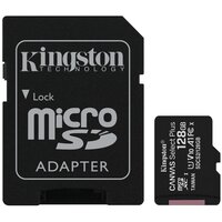 Карта памяти Kingston microSDXC 128 ГБ Class 10, V10, A1, UHS-I U1, R 100 МБ/с, адаптер на SD, 1 шт, черный